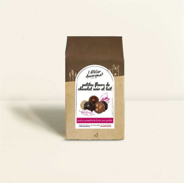 fleurs chocolat noir 70% et lait 38% pralin & fruits secs